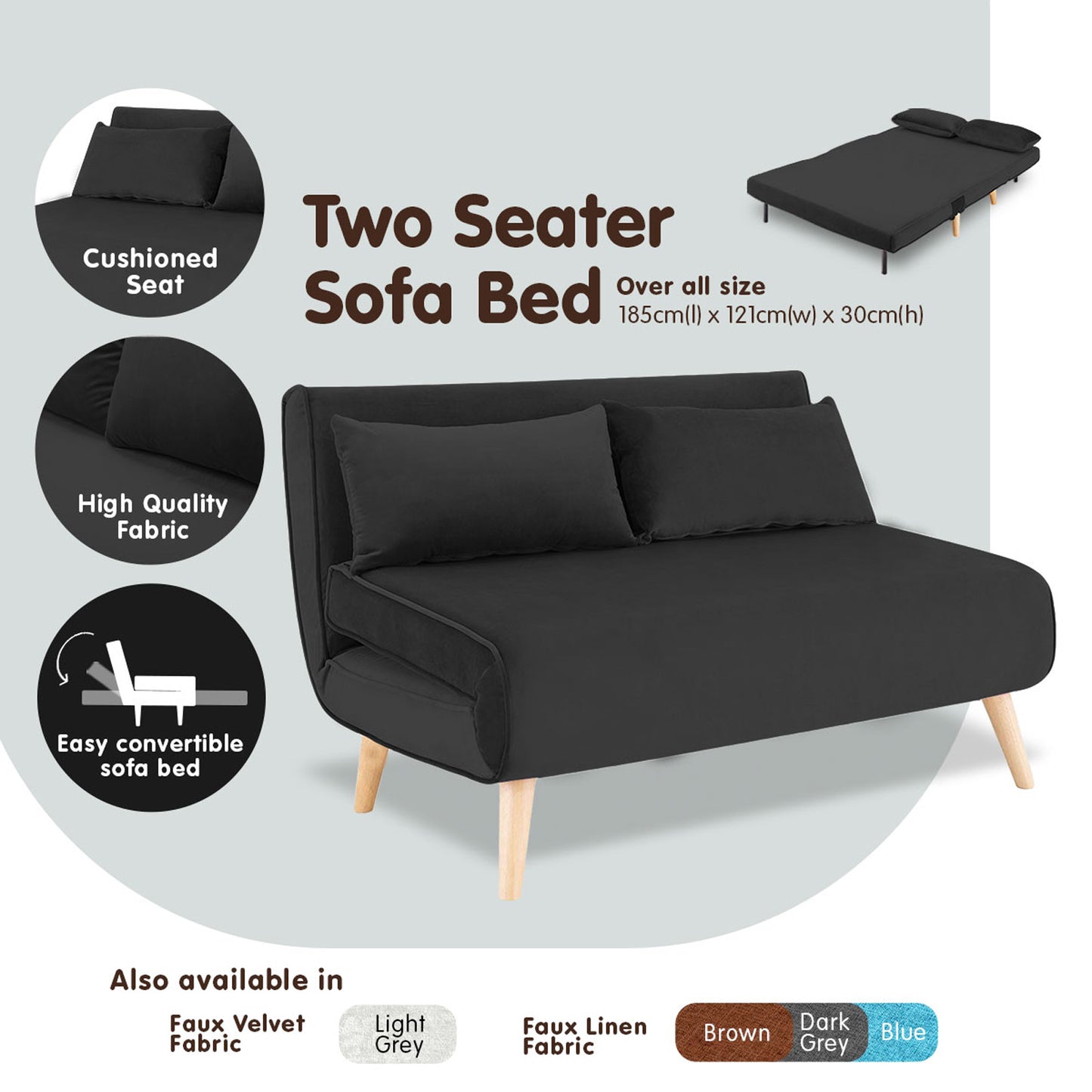 Sarantino 2-Seater Adjustable Sofa Bed Lounge Faux Velvet - Black