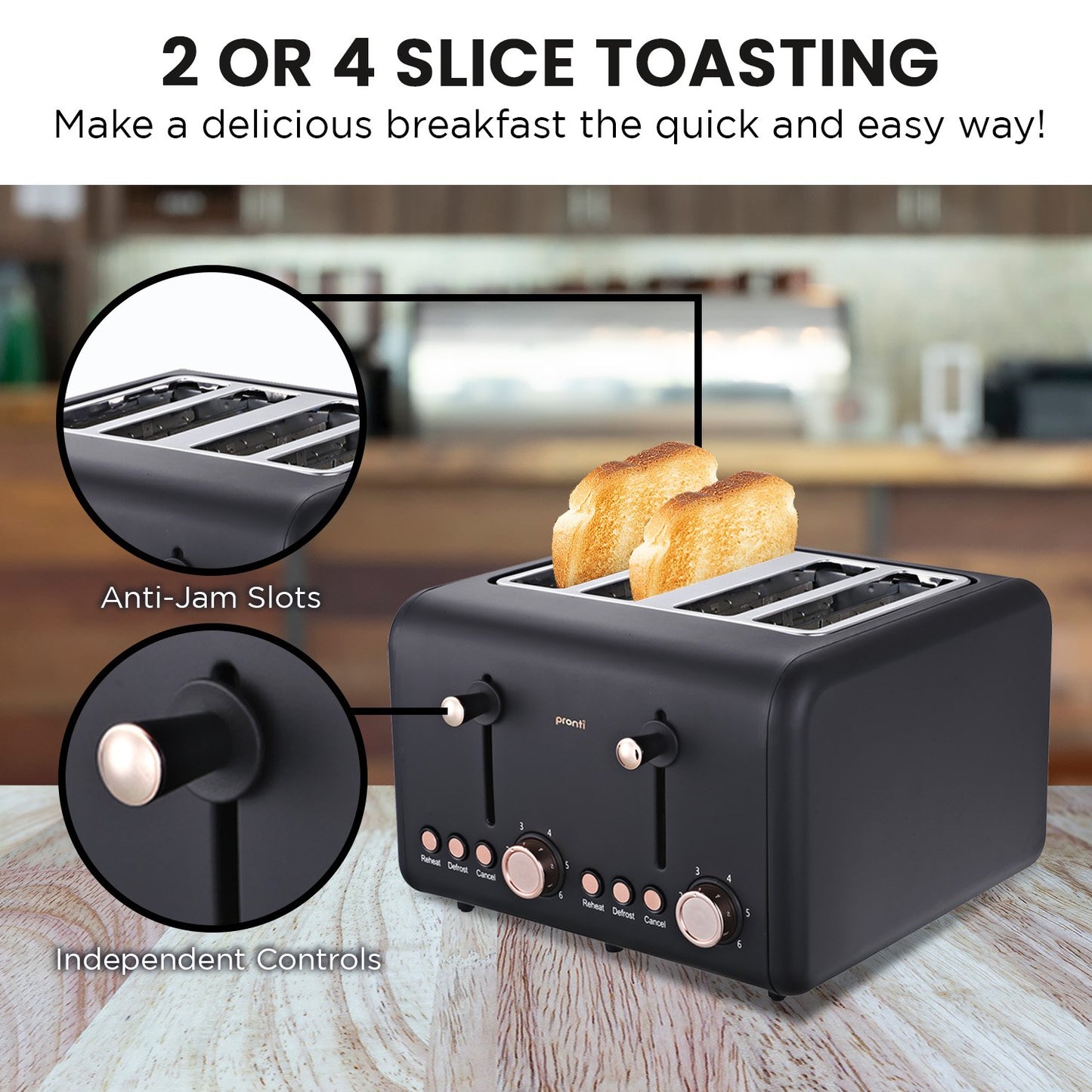 Pronti 4 Slice Toaster Rose Trim Collection - Black