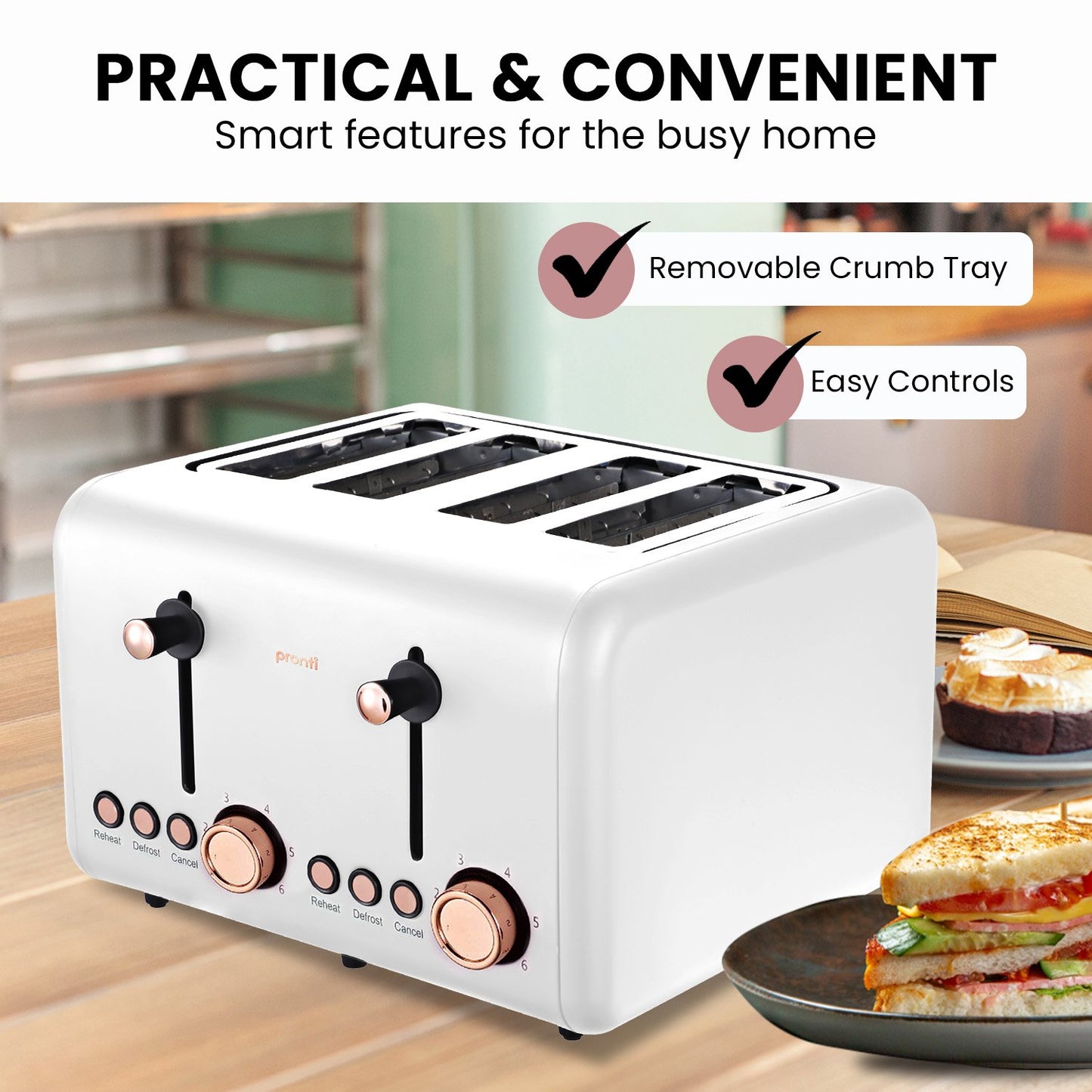 Pronti 4 Slice Toaster Rose Trim Collection - White