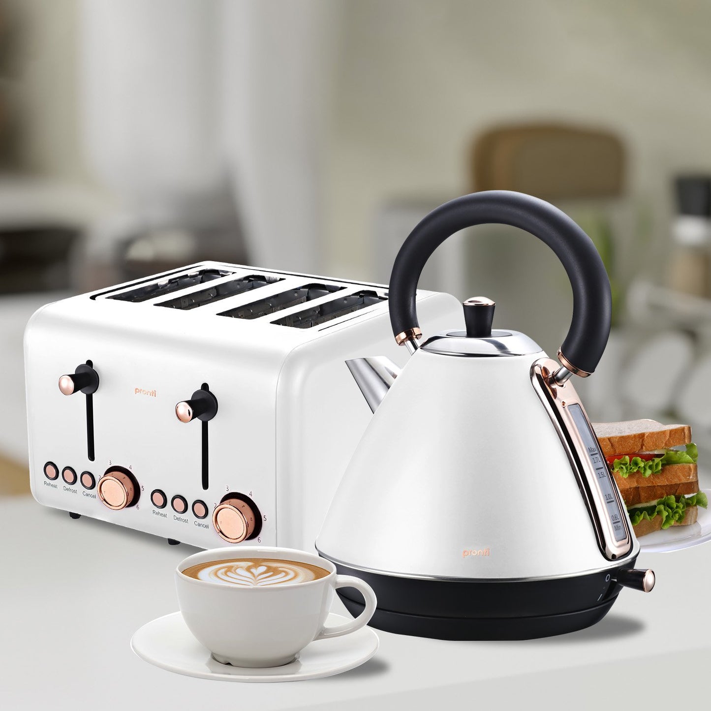 Pronti 4 Slice Toaster Rose Trim Collection - White