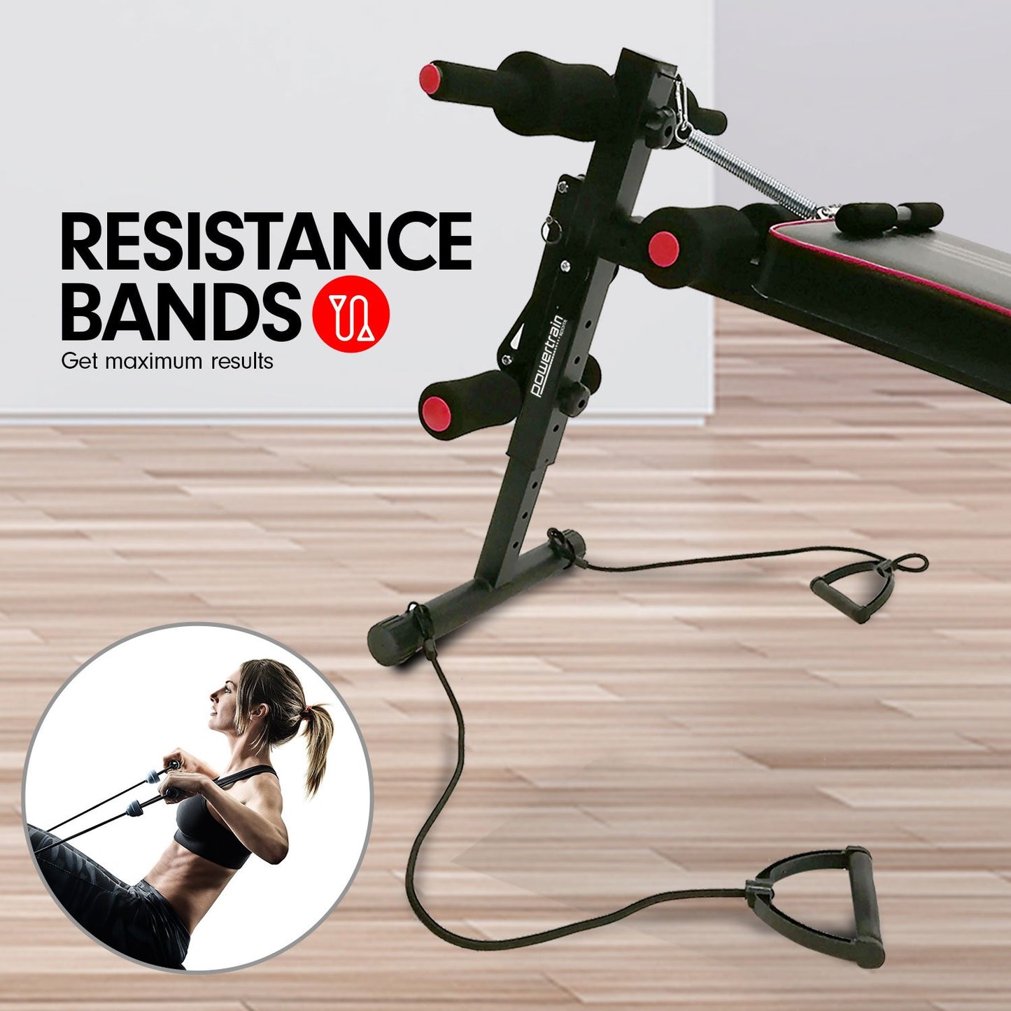 Powertrain Incline Sit-Up Bench with Resistance Bands and Rowing Bar