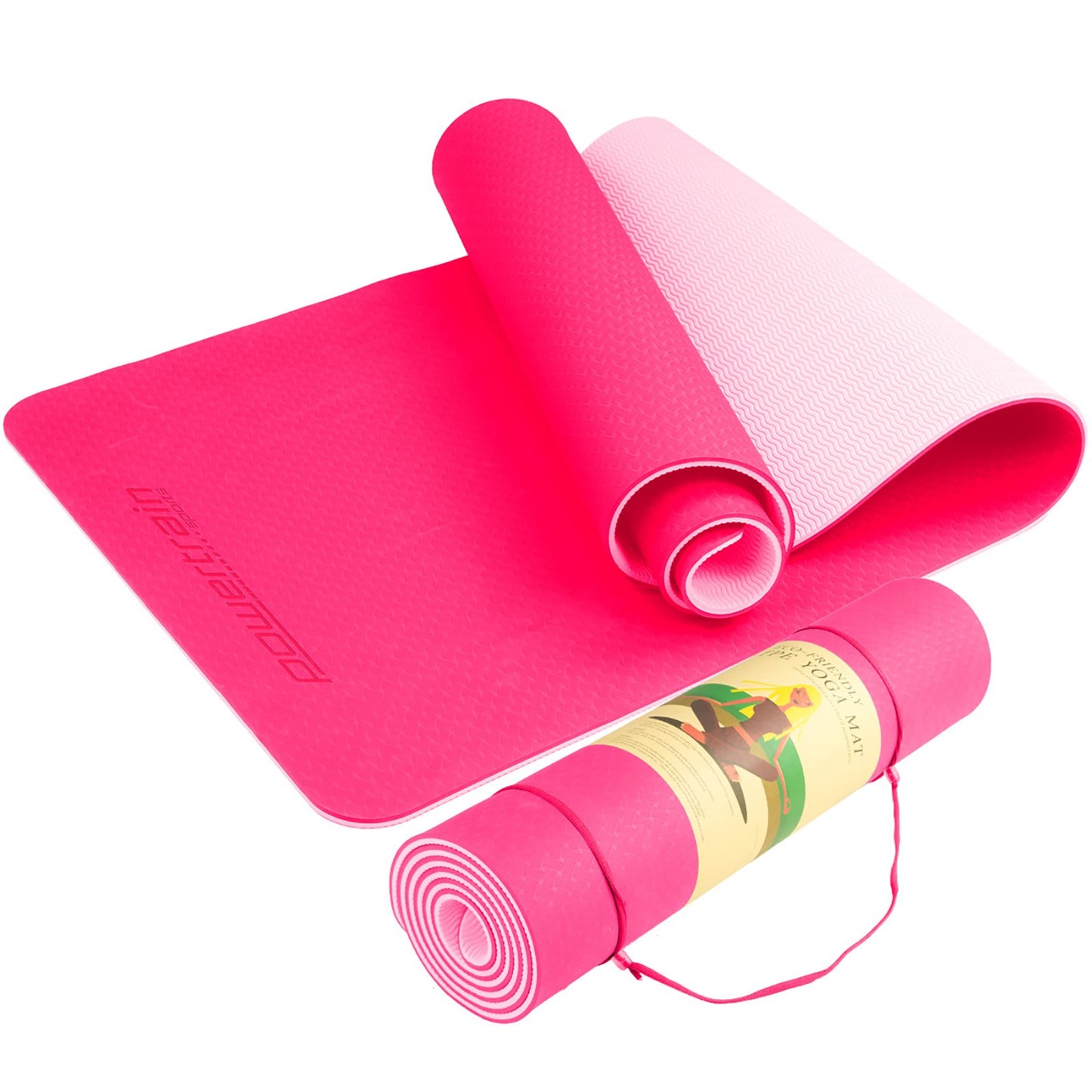 Powertrain Eco-friendly Dual Layer 8mm Yoga Mat | Hot Pink | Non-slip Surface And Carry Strap For Ultimate Comfort And Portability