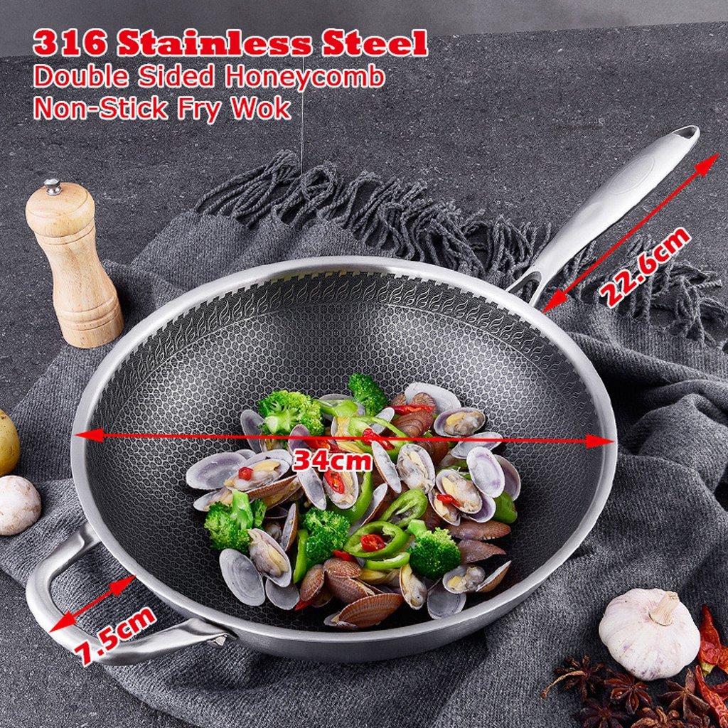 316 Stainless Steel 34cm Non-Stick Stir Fry Cooking Kitchen Wok Pan without Lid Honeycomb Double Sided