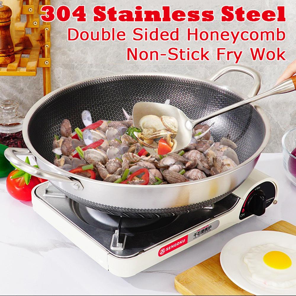 304 Stainless Steel 36cm Double Ear Non-Stick Stir Fry Cooking Kitchen Wok Pan without Lid Honeycomb Double Sided