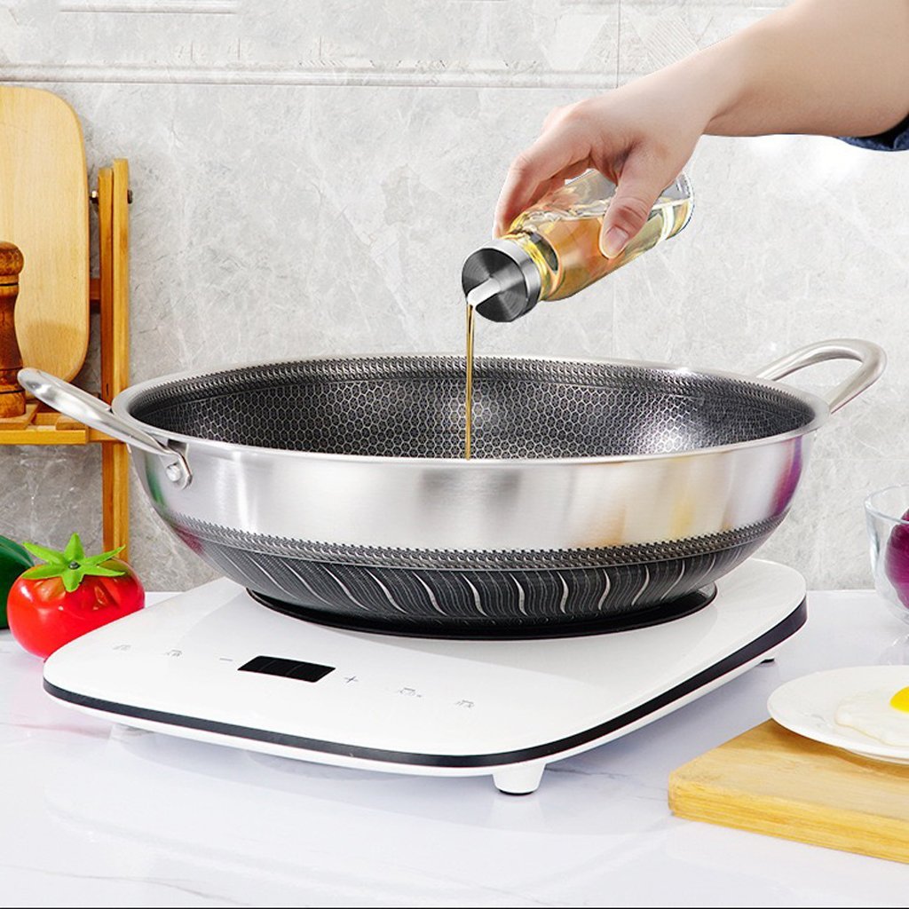 304 Stainless Steel 36cm Double Ear Non-Stick Stir Fry Cooking Kitchen Wok Pan without Lid Honeycomb Double Sided