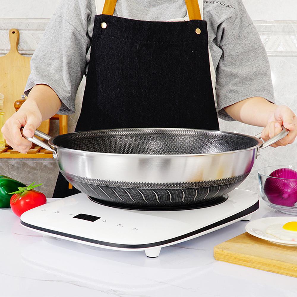 304 Stainless Steel 36cm Double Ear Non-Stick Stir Fry Cooking Kitchen Wok Pan without Lid Honeycomb Double Sided