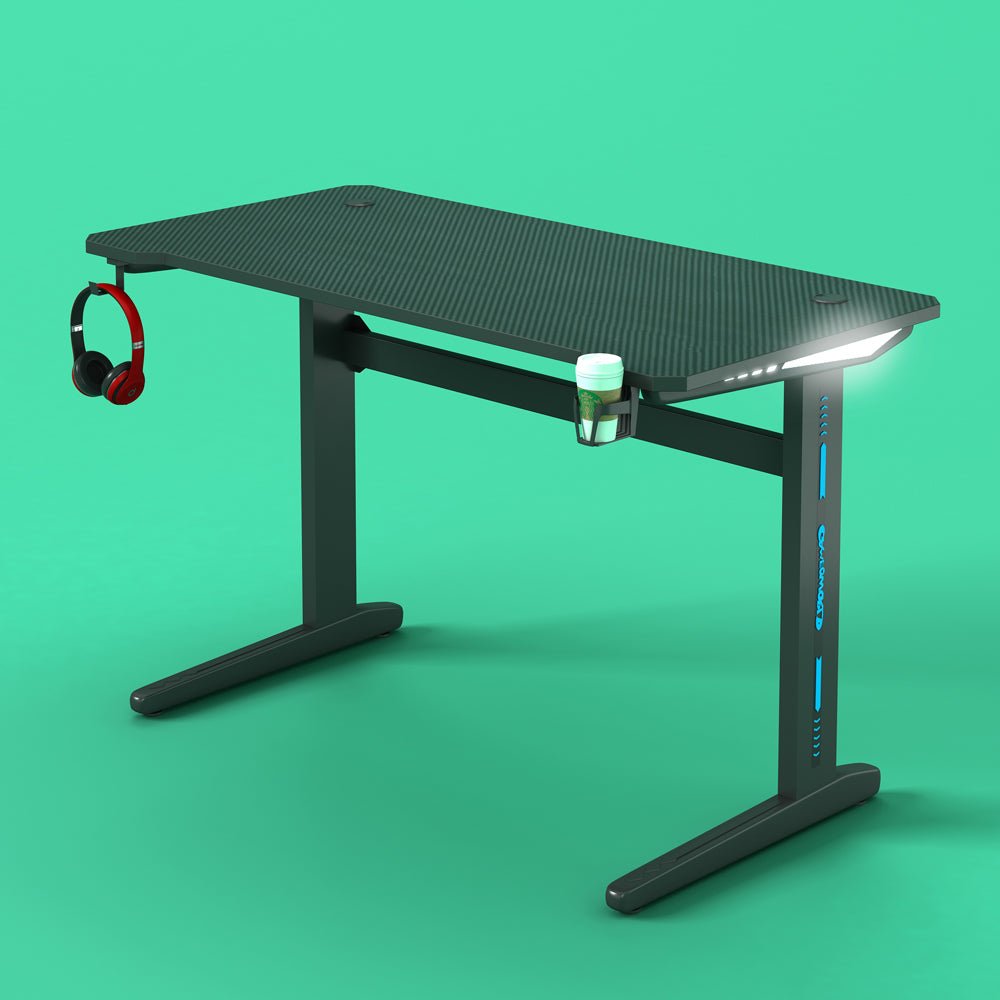 120cm RGB Embeded Gaming Desk Home Office Carbon Fiber Led Lights Game Racer Computer PC Table L-Shaped Black