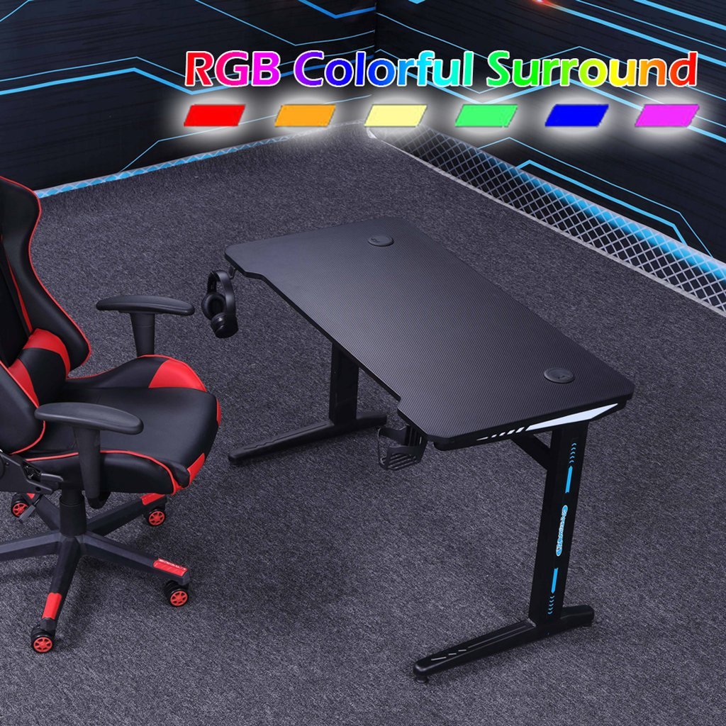 140cm RGB Embeded Gaming Desk Home Office Carbon Fiber Led Lights Game Racer Computer PC Table L-Shaped Black