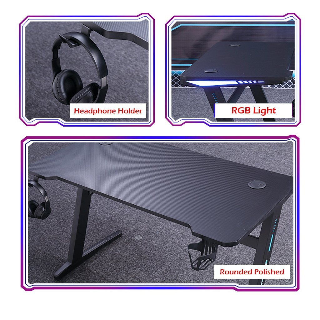 140cm RGB Embeded Gaming Desk Home Office Carbon Fiber Led Lights Game Racer Computer PC Table L-Shaped Black