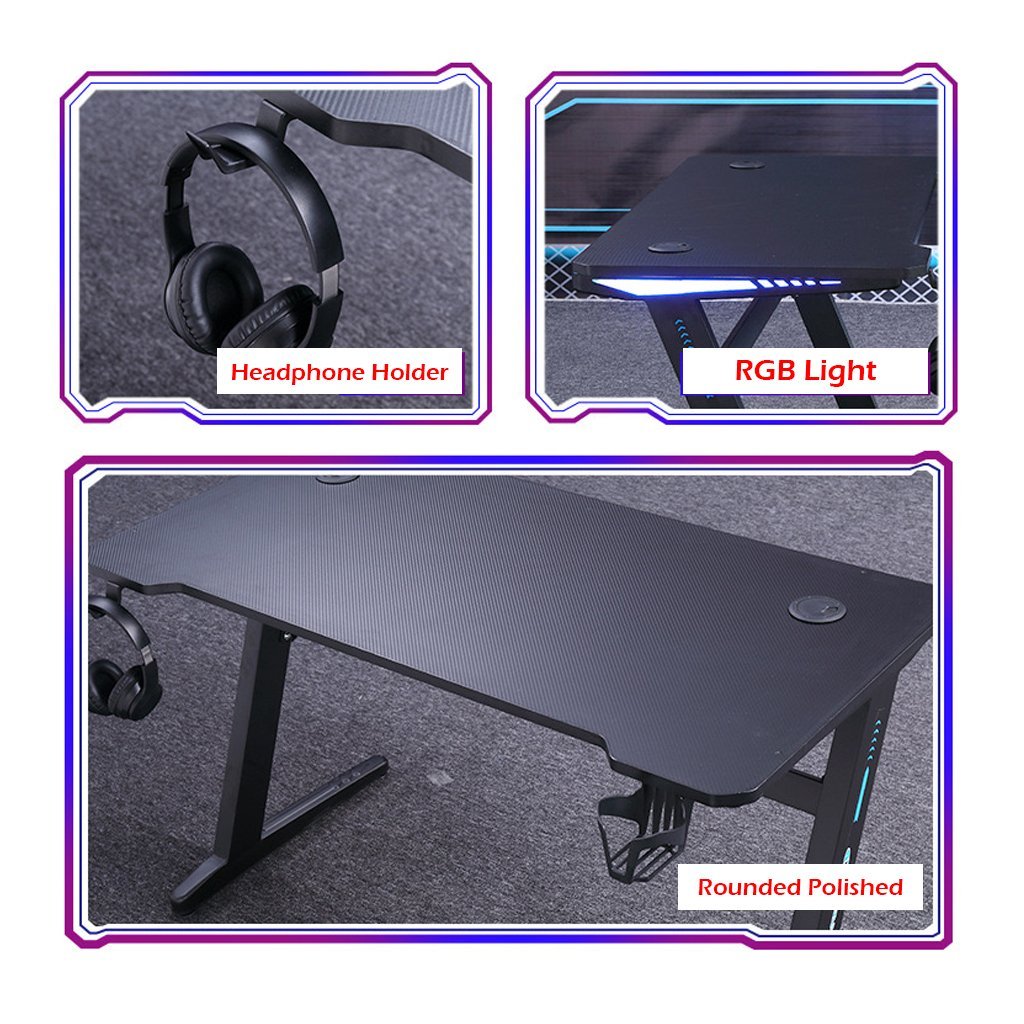 140cm RGB Embeded Gaming Desk Home Office Carbon Fiber Led Lights Game Racer Computer PC Table Z-Shaped Black