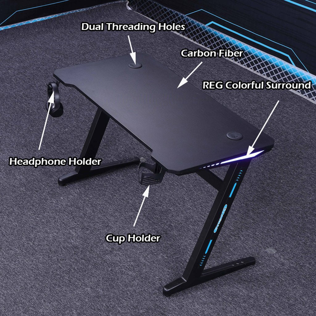 140cm RGB Embeded Gaming Desk Home Office Carbon Fiber Led Lights Game Racer Computer PC Table Z-Shaped Black