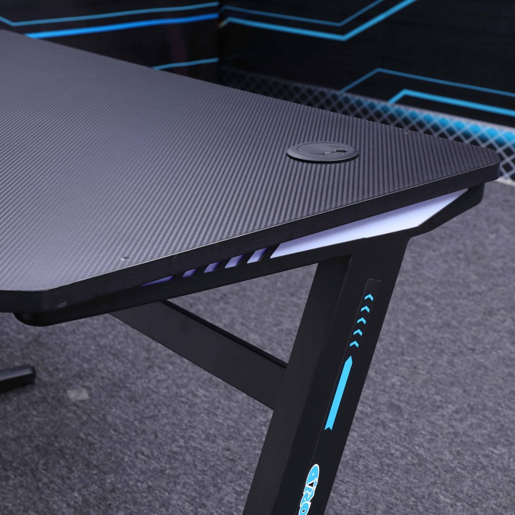 140cm RGB Embeded Gaming Desk Home Office Carbon Fiber Led Lights Game Racer Computer PC Table Z-Shaped Black