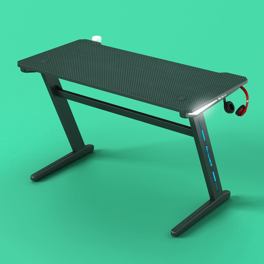 140cm RGB Embeded Gaming Desk Home Office Carbon Fiber Led Lights Game Racer Computer PC Table Z-Shaped Black