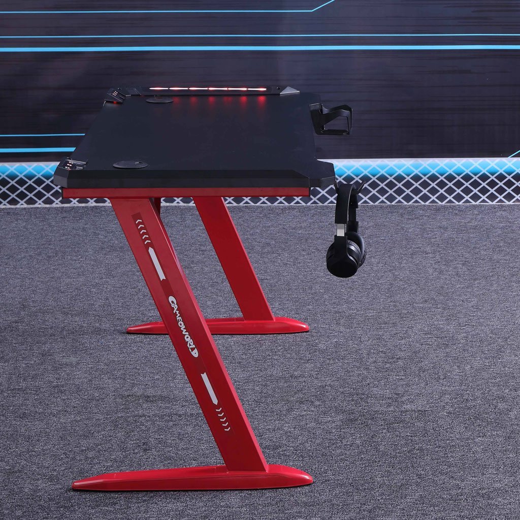 120cm RGB Gaming Desk Home Office Carbon Fiber Led Lights Game Racer Computer PC Table Z-Shaped Red