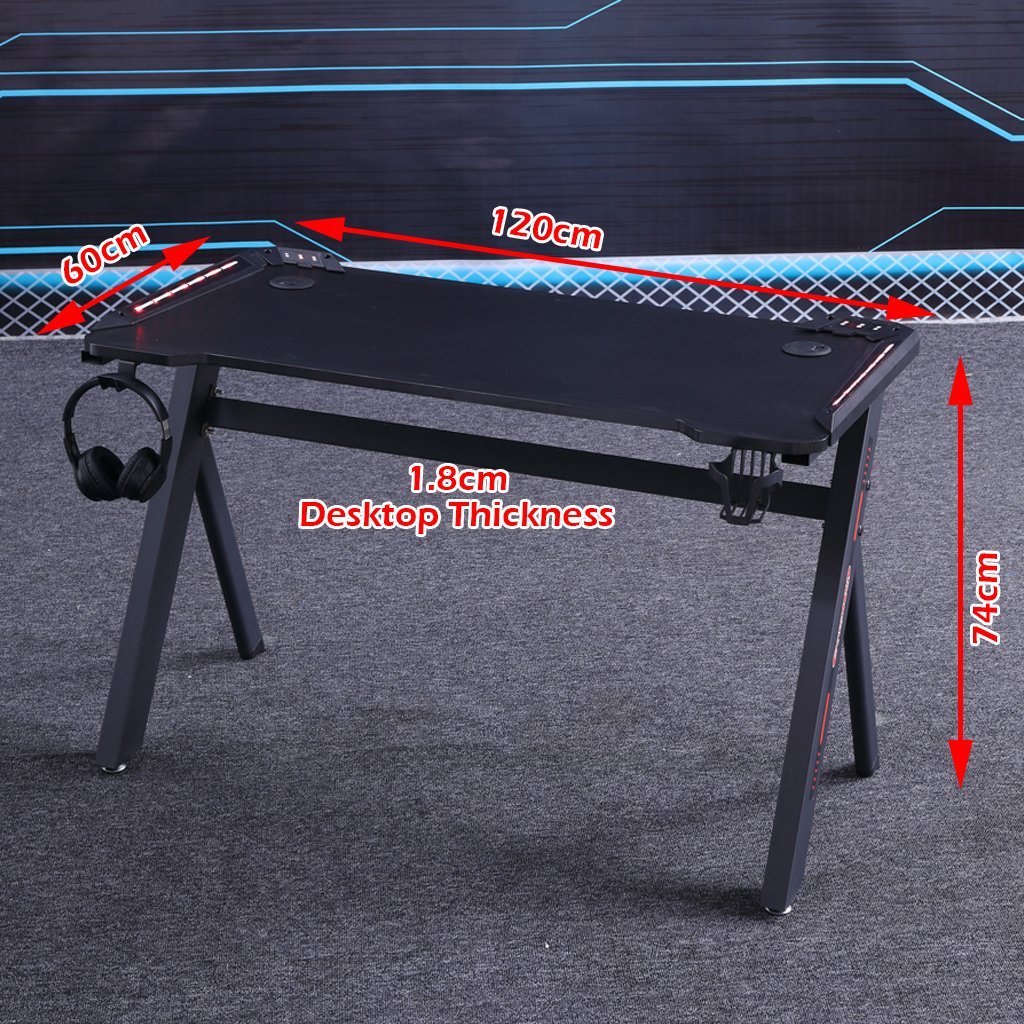 140cm RGB Gaming Desk Home Office Carbon Fiber Led Lights Game Racer Computer PC Table Y-Shaped Black