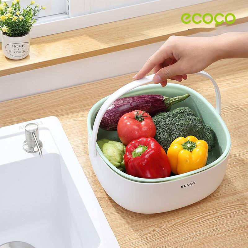 Ecoco Double Drain Basket Bowl Washing Kitchen Strainer Noodles Vegetables Fruit Sink Supplies Blue