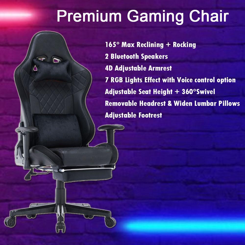 7 RGB Lights Bluetooth Speaker Gaming Chair Ergonomic Racing chair 165° Reclining Gaming Seat 4D Armrest Footrest Black