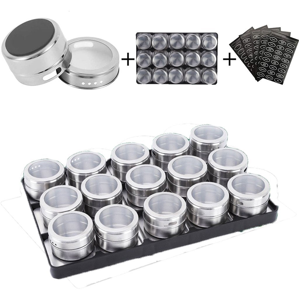 12 pcs Magnetic Spice Jars Containers Spice Tins Wall Mounted Stainless Steel Base New