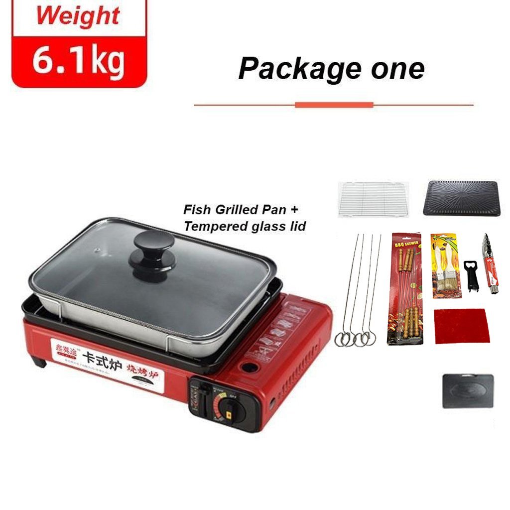 Portable Gas Stove Burner Butane BBQ Camping Gas Cooker With Non Stick Plate Red without Fish Pan and Lid