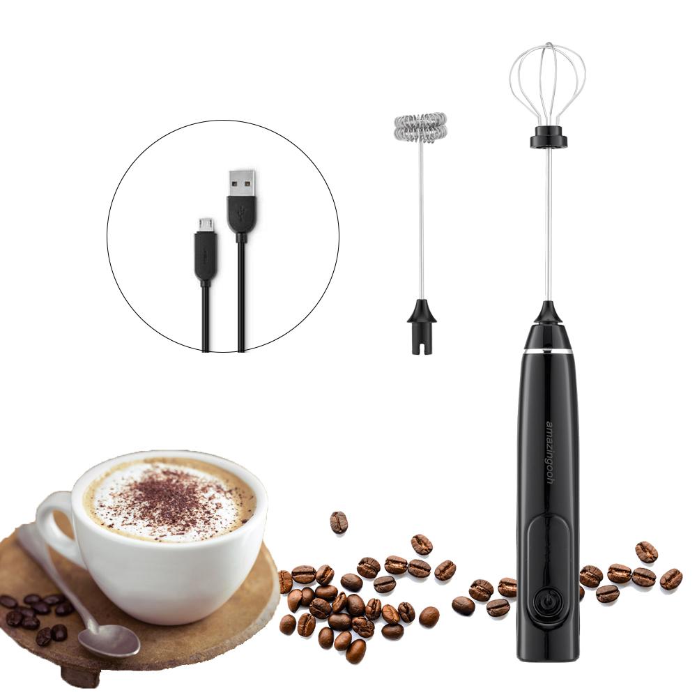 USB Charging Electric Egg Beater Milk Frother Handheld Drink Coffee Foamer AU with 2 Stainless Steel Whisks White