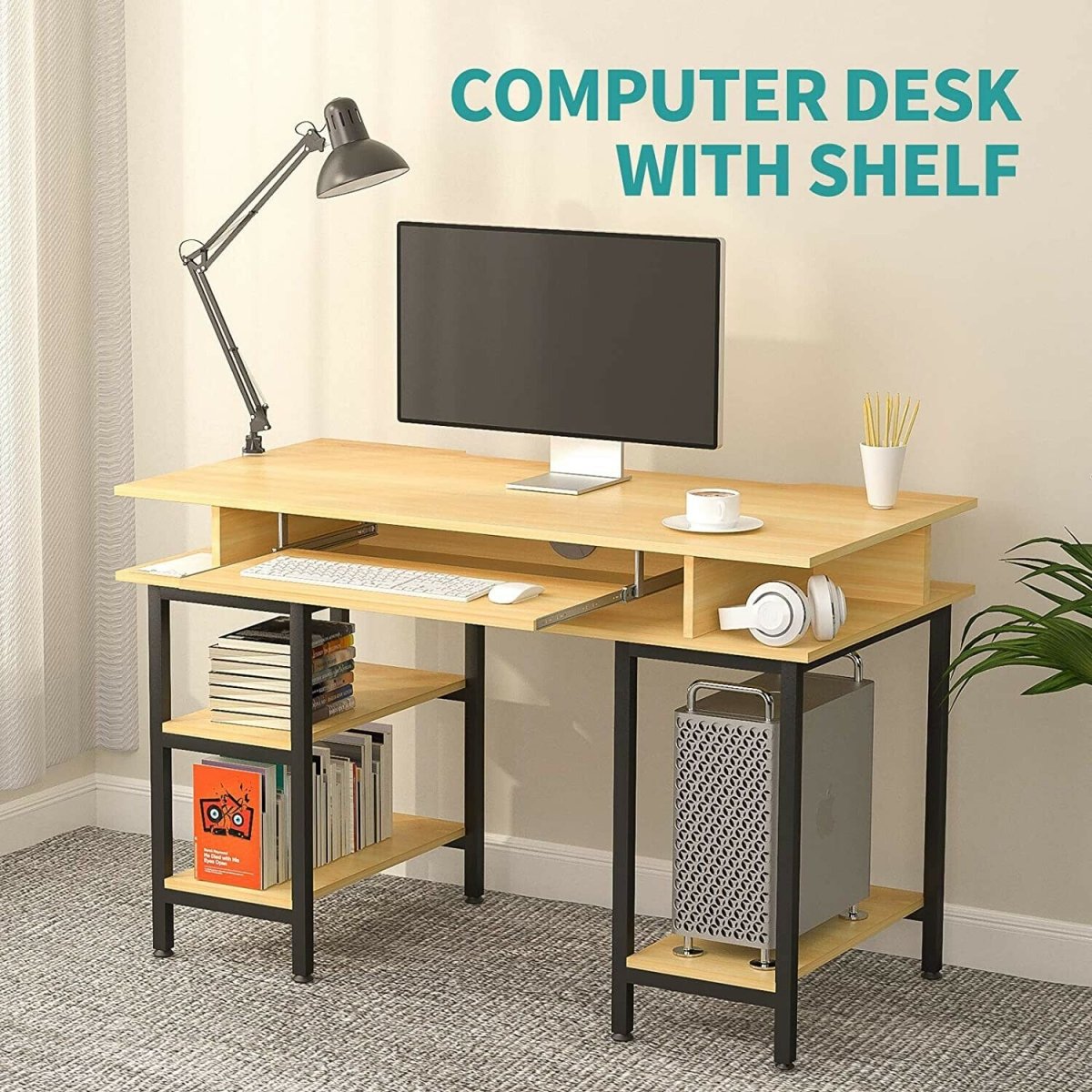 Book Storage Computer Table Desk  Student Study Home Office Workstation with Bookshelf