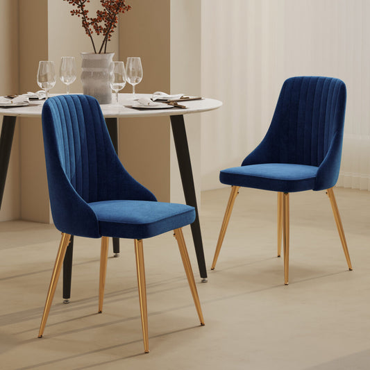 Viva Forever Set of 2 Blue Velvet Dining Chairs – Art Deco Design with Gold Metal Legs