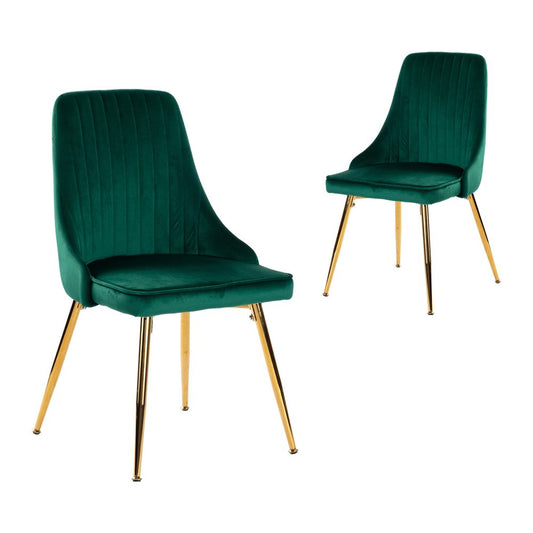 Viva Forever Set of 2 Green Velvet Dining Chairs &#8211; Art Deco Design with Gold Metal Legs