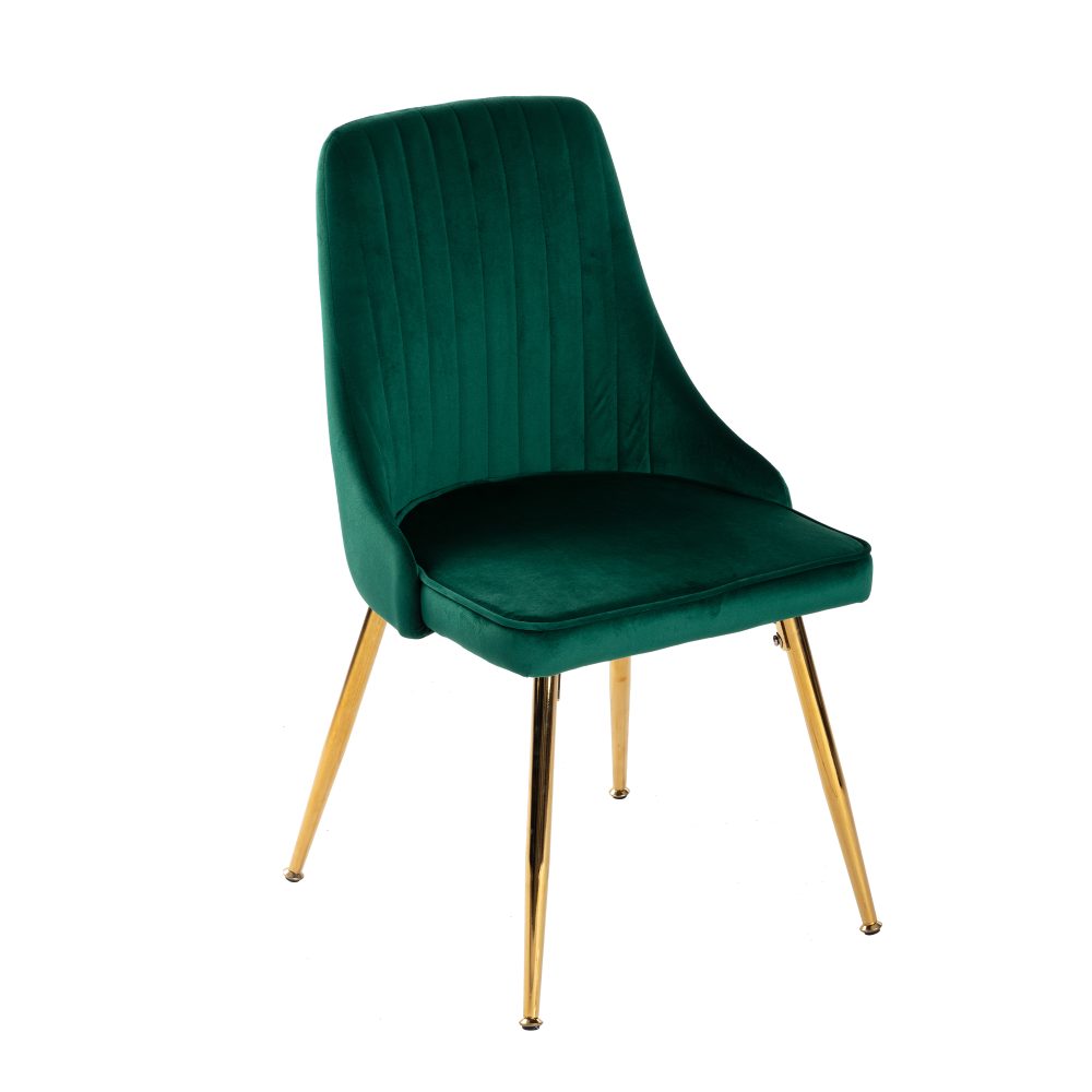 Viva Forever Set of 2 Green Velvet Dining Chairs &#8211; Art Deco Design with Gold Metal Legs