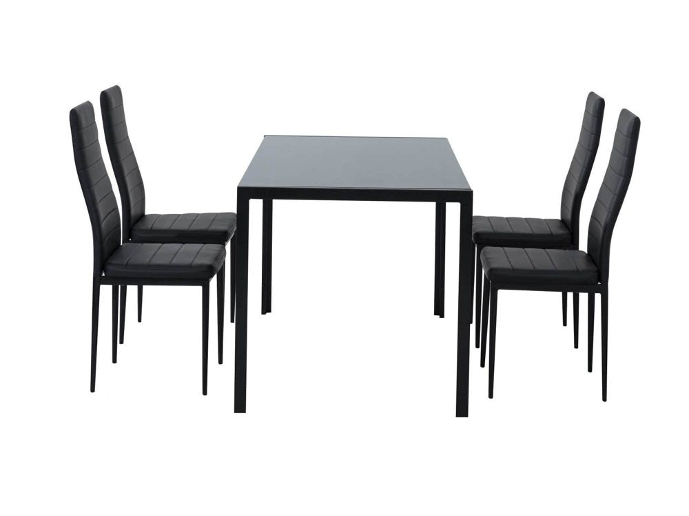 5PC Indoor Dining Table and Chairs Dinner Set Glass Leather Kitchen-Black