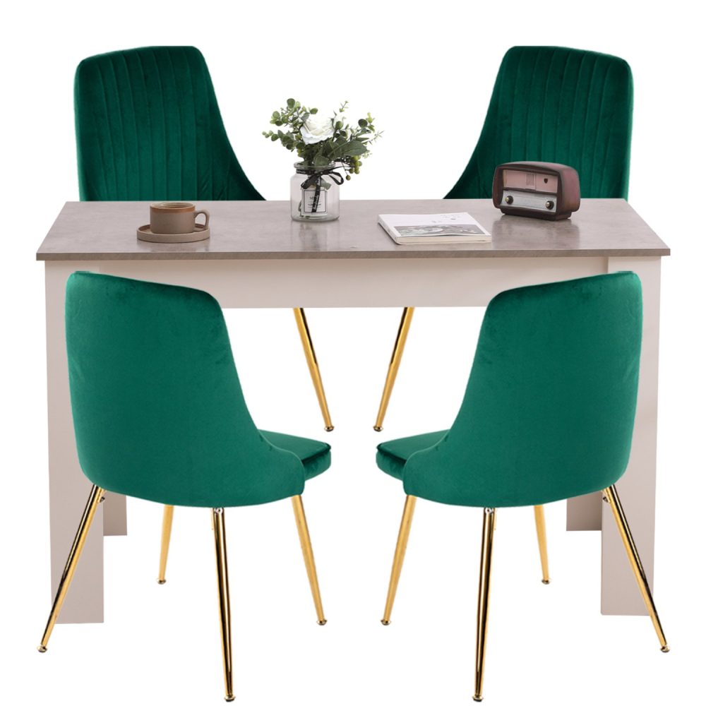 Grey Rectangular Dining Table with 4x Green Velvet Chairs