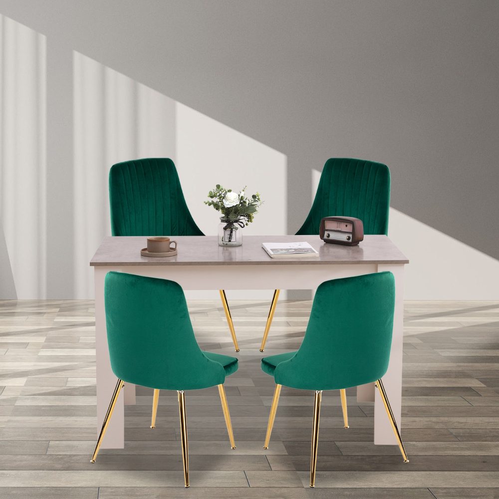 Grey Rectangular Dining Table with 4x Green Velvet Chairs