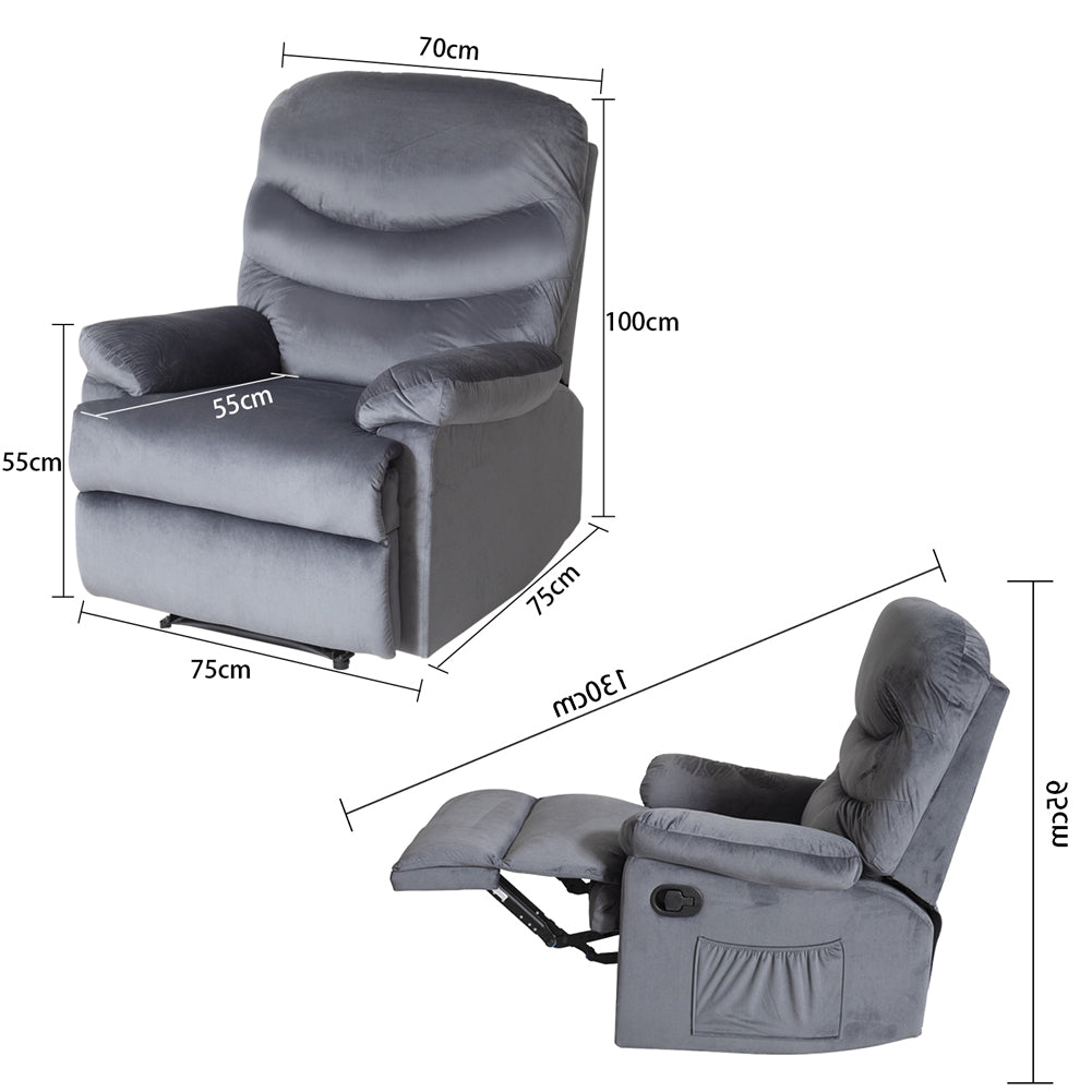 Wide Manual Single Recliner Sofa &#8211; Velvet Grey