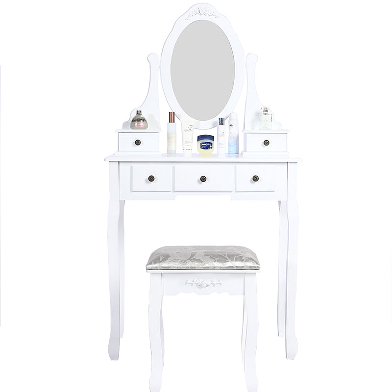 Carved Dressing Vanity Table Set with Mirror &#038; Stool- White