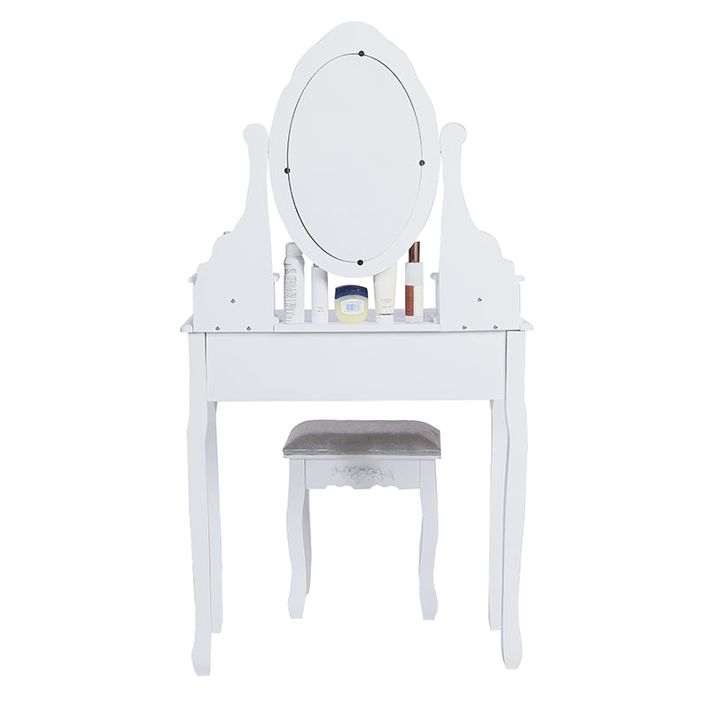 Carved Dressing Vanity Table Set with Mirror &#038; Stool- White