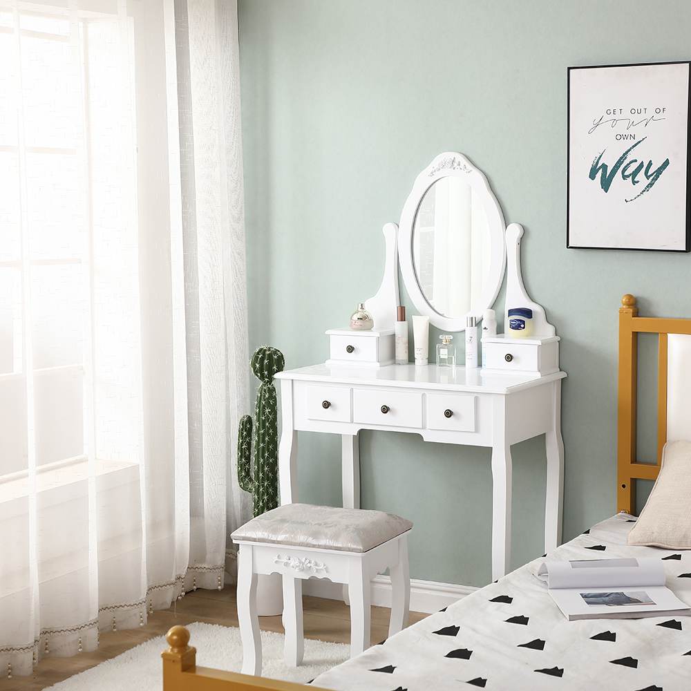 Carved Dressing Vanity Table Set with Mirror &#038; Stool- White