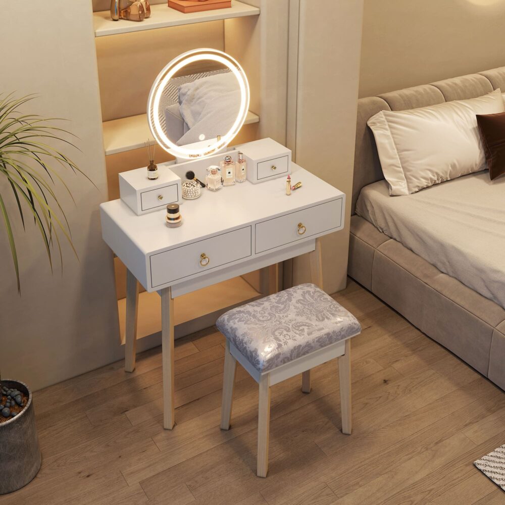 Dressing Vanity Table Stool Set with Make-up LED Lighted Mirror &#8211; White