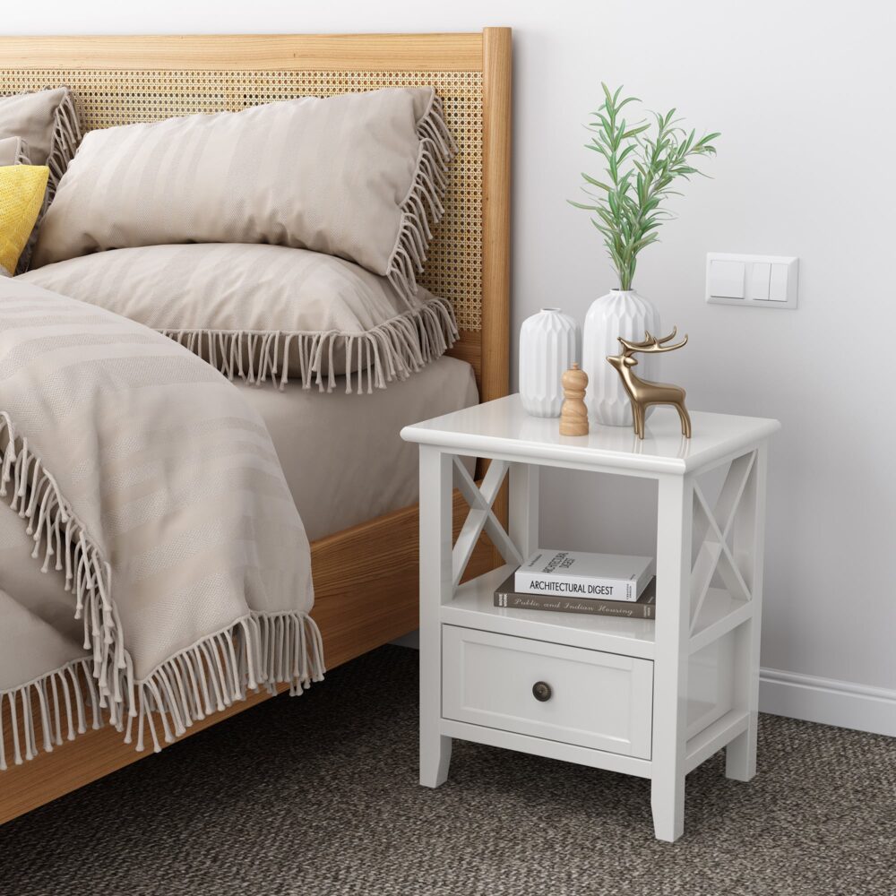 2-tier Bedside Table with Storage Drawer 2 PC &#8211; Rustic White