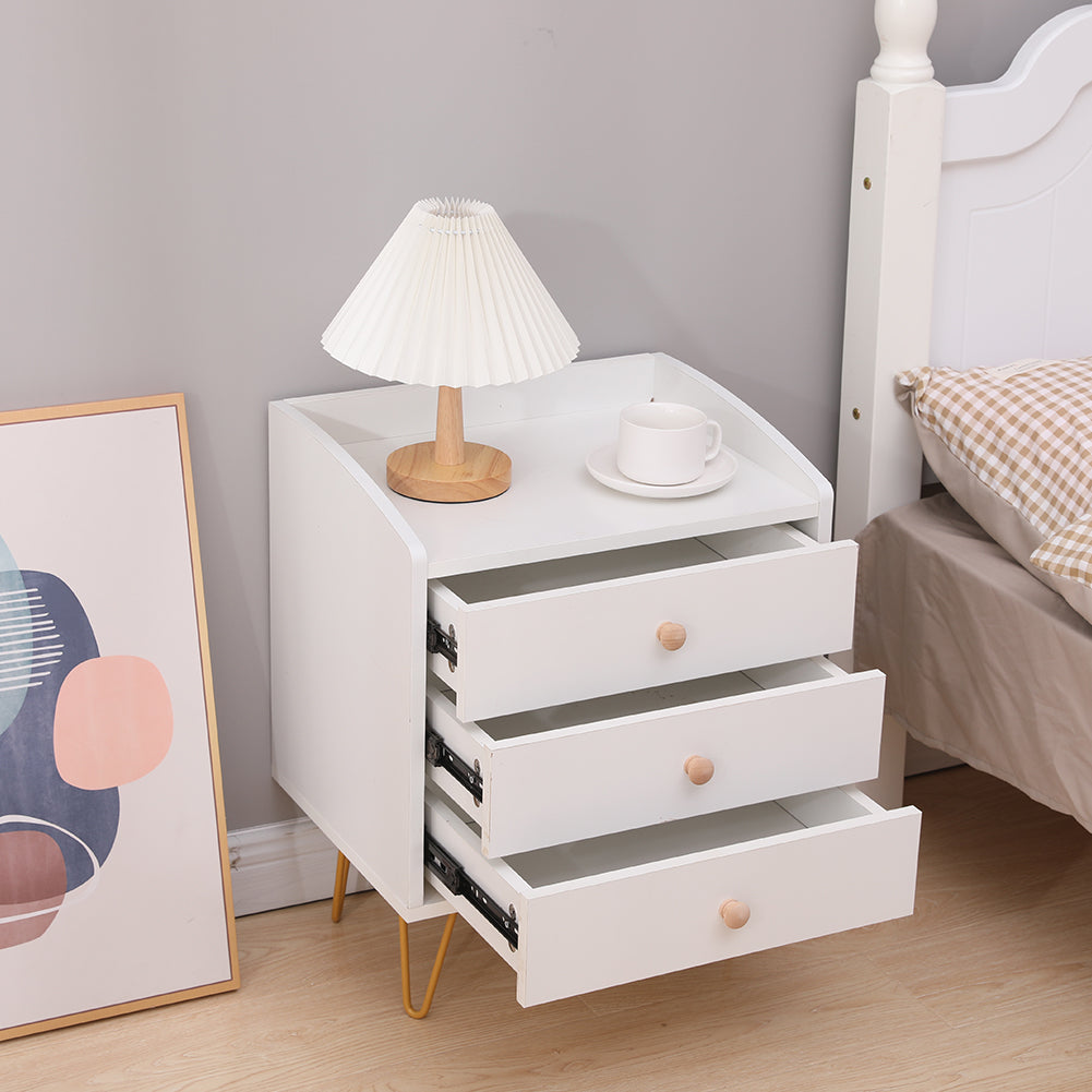 Winston 3 &#8211; Drawer Nightstand Bedside Table with Gold Steel Legs Tray Top White