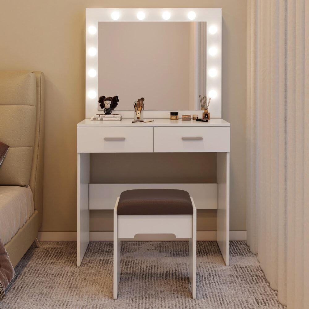 Fidel Vanity Set with Cushioned Stool and Lighted Mirror- White