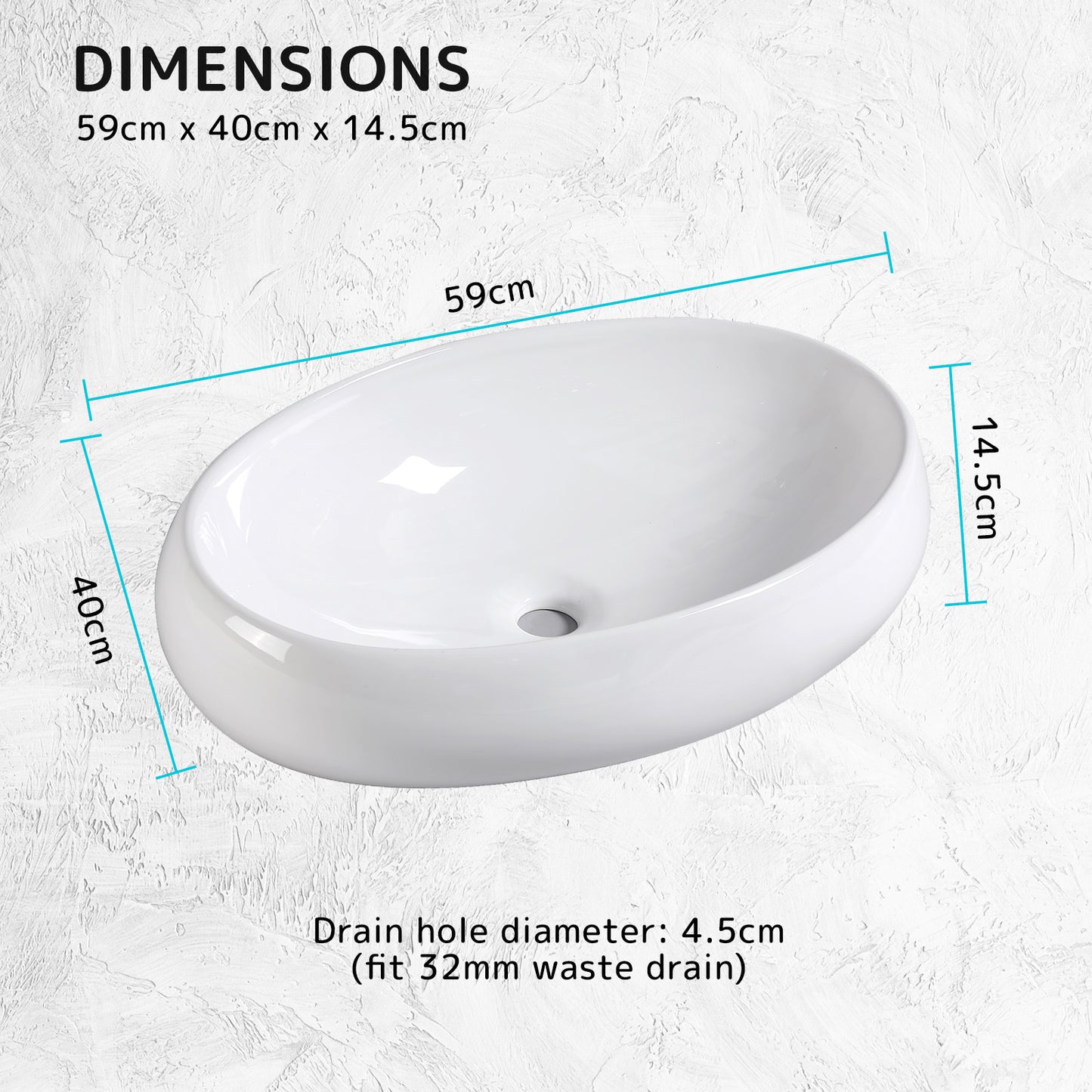 Muriel 59 x 40 x 14.5cm White Ceramic Bathroom Basin Vanity Sink Oval Above Counter Top Mount Bowl