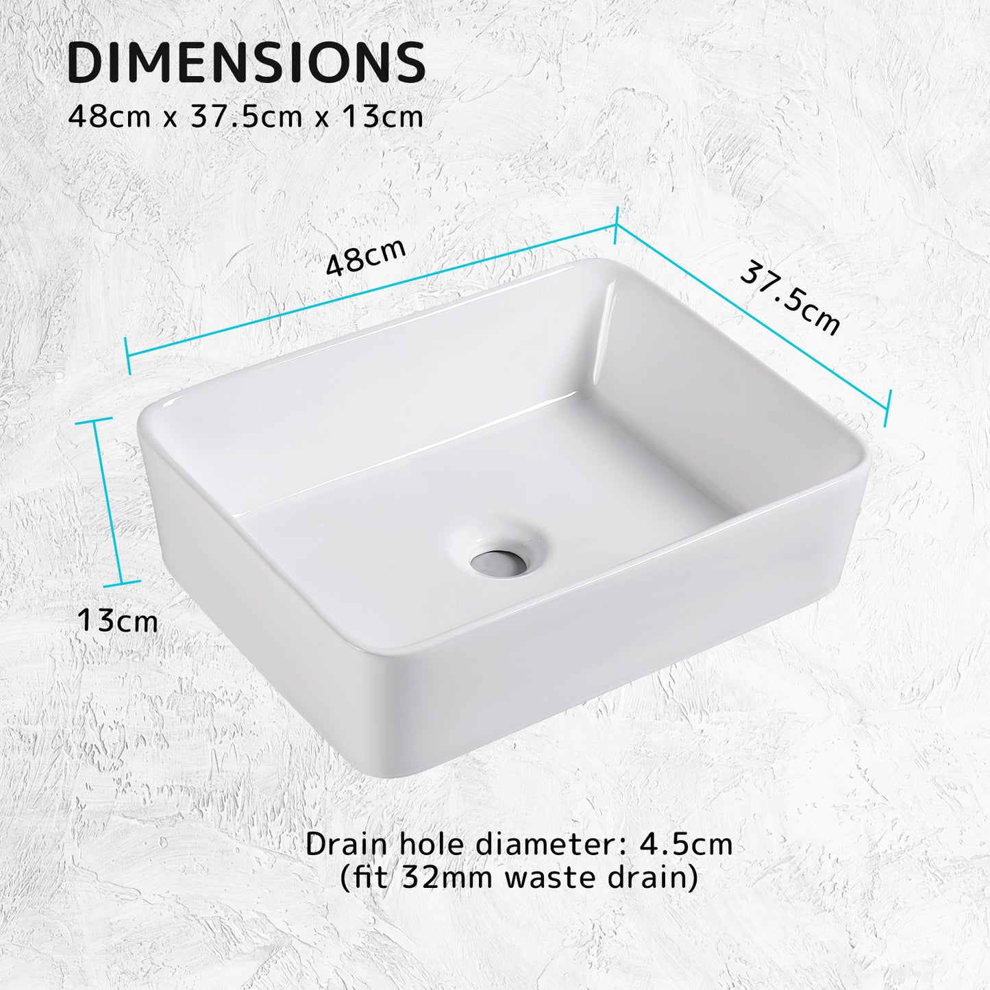 Muriel 48 x 37.5 x 13cm White Ceramic Bathroom Basin Vanity Sink Above Counter Top Mount Bowl