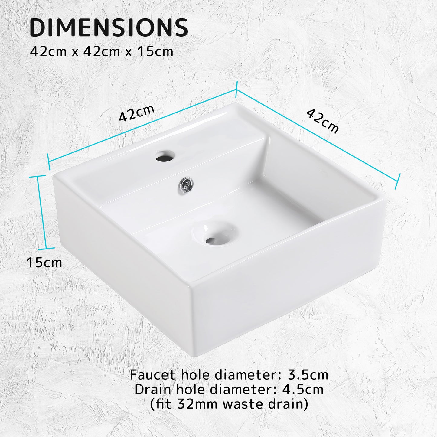 Muriel 42 x 42 x 15cm White Ceramic Bathroom Basin Vanity Sink Square Above Counter Top Mount Bowl