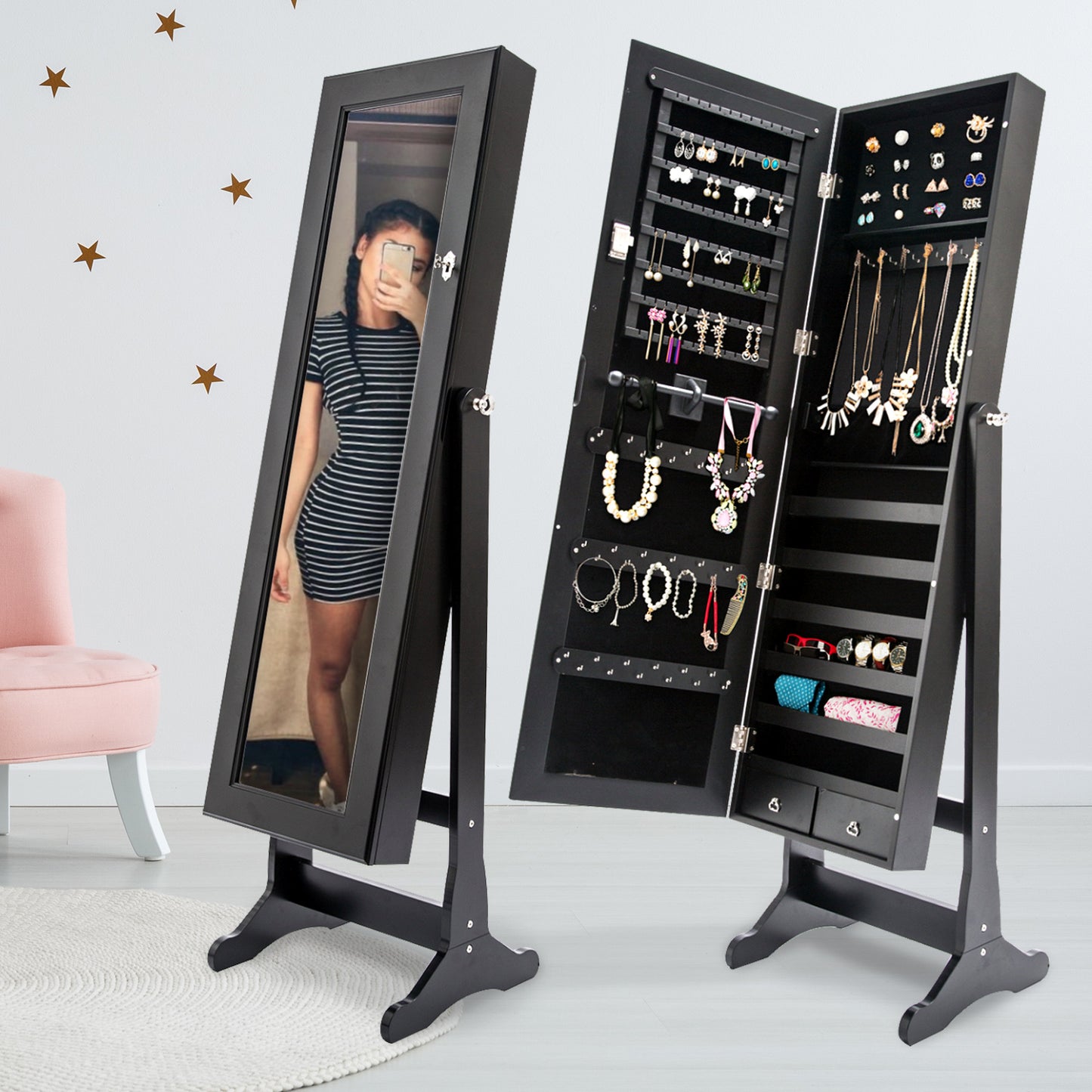 La Bella Black Mirror Jewellery Cabinet LOWE 146cm Organiser 2 Drawers