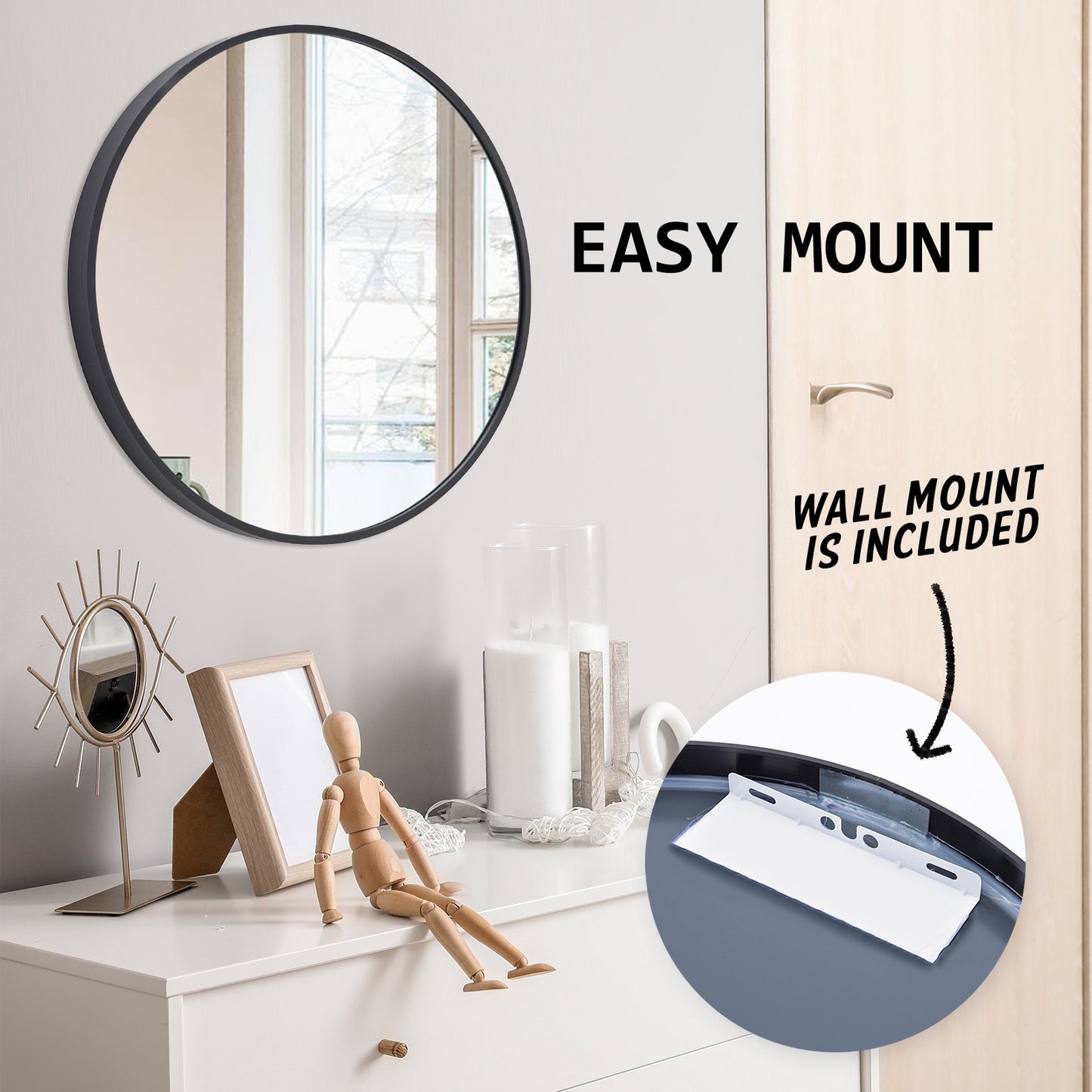 La Bella Black Wall Mirror Round Aluminum Frame Makeup Decor Bathroom Vanity 70cm