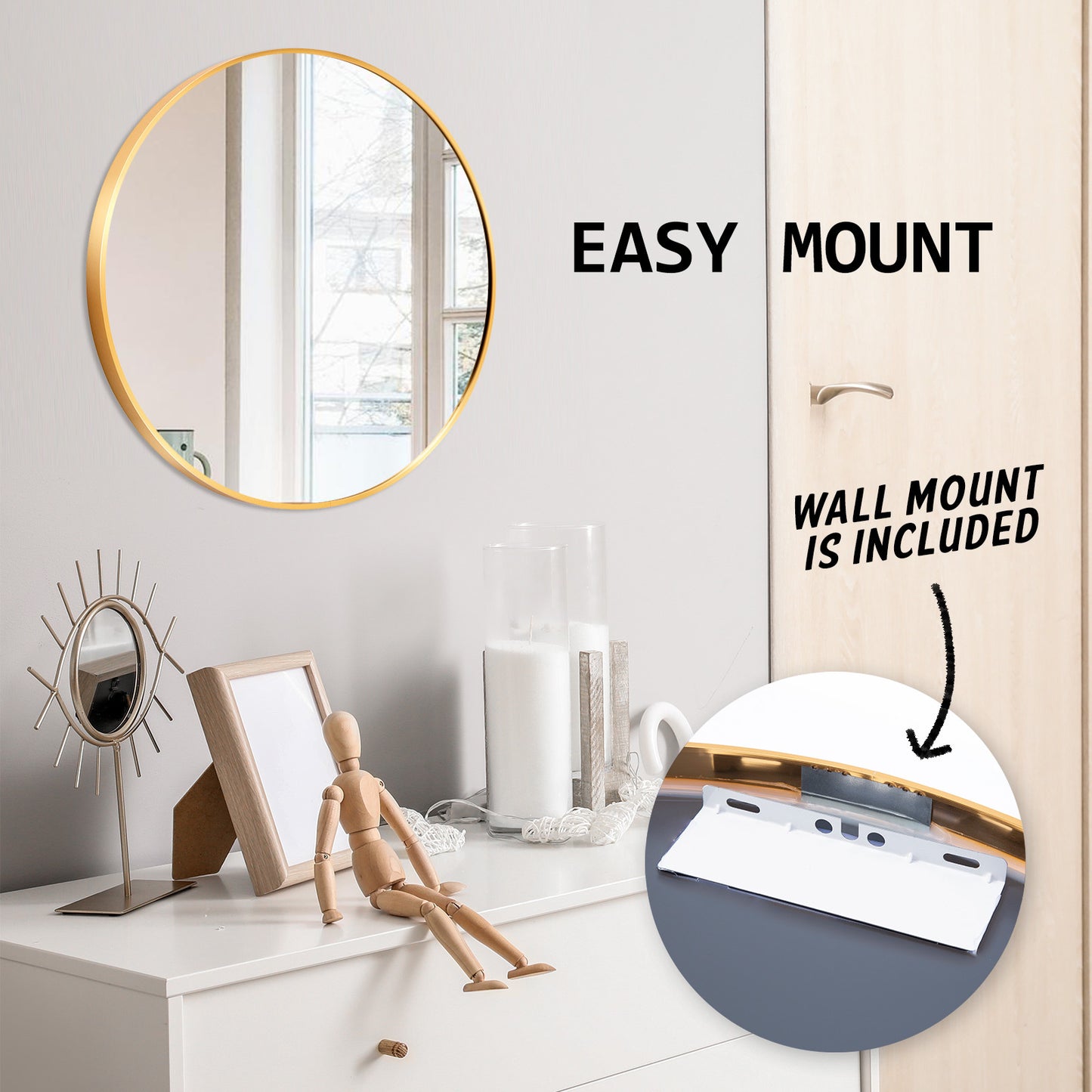 La Bella Gold Wall Mirror Round Aluminum Frame Makeup Decor Bathroom Vanity 50cm