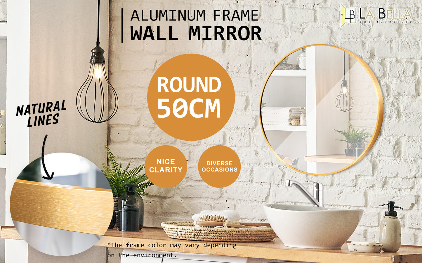 2 Set La Bella Gold Wall Mirror Round Aluminum Frame Makeup Decor Bathroom Vanity 50cm