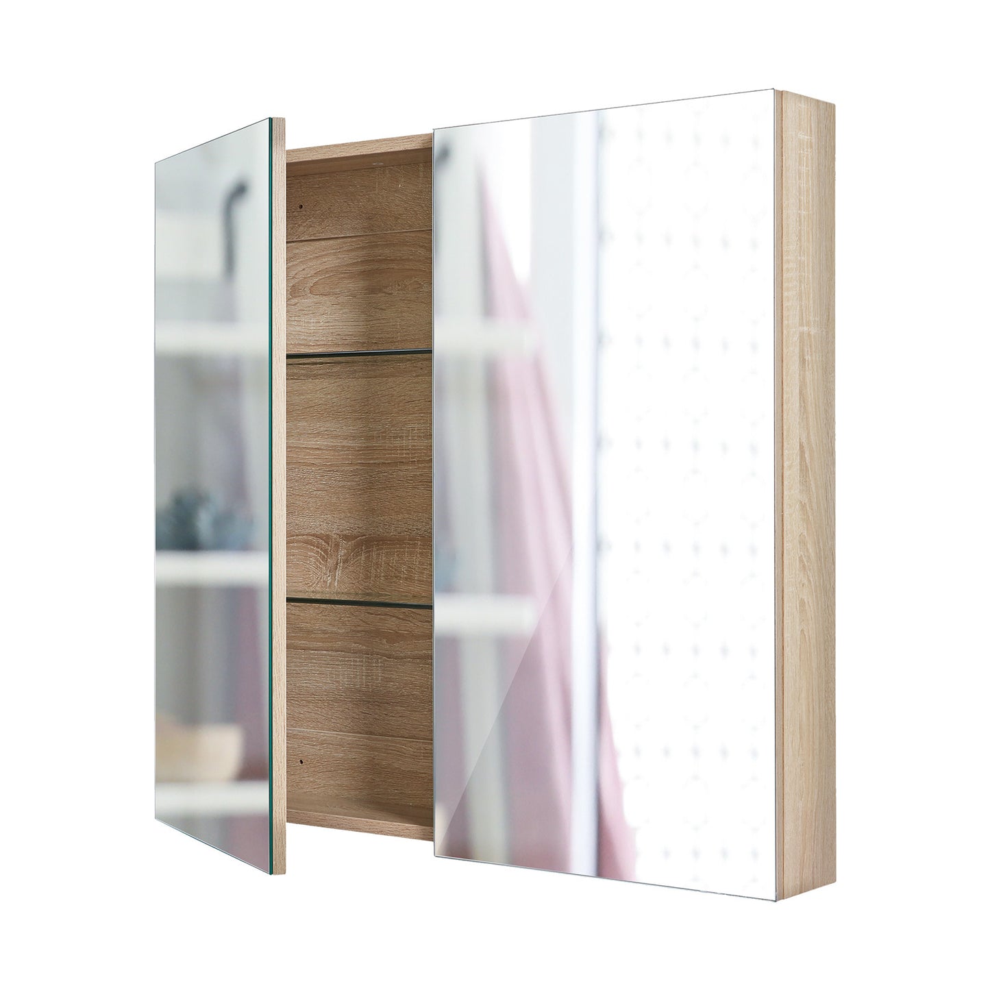 La Bella Oak Bathroom Mirror Cabinet Wall Twin Door Shaving Storage 60 x 72 cm