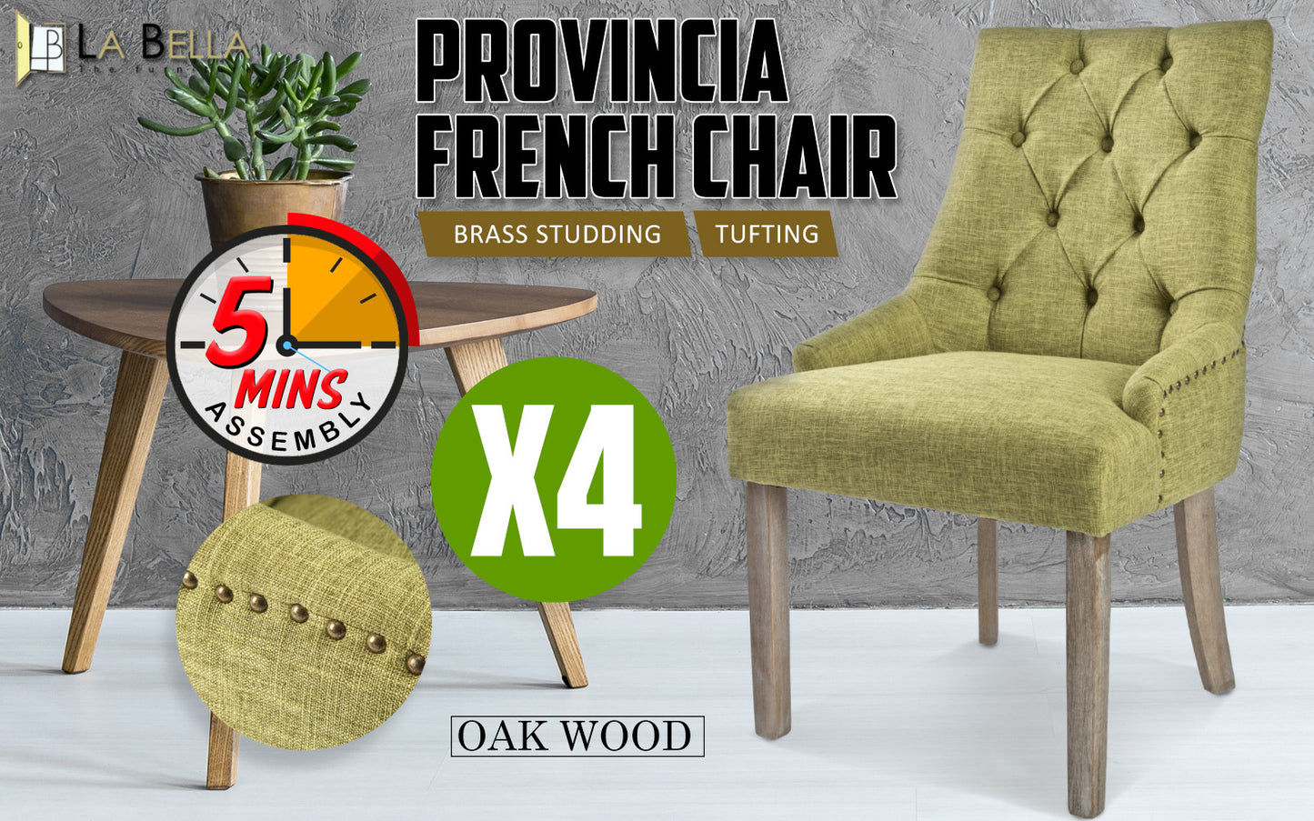 La Bella 4 Set Green French Provincial Dining Chair Amour Oak Leg