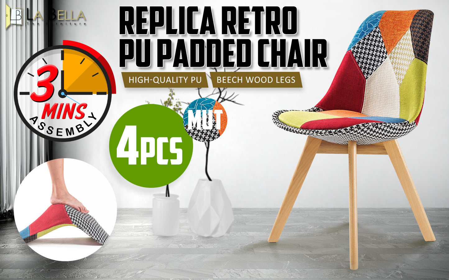 La Bella 4 Set Multi Colour Retro Dining Cafe Chair Padded Seat