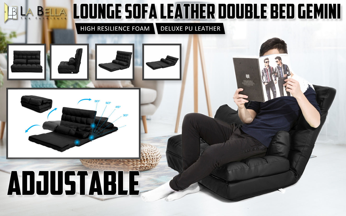 La Bella Double Seat Couch Bed Black Sofa Gemini Leather